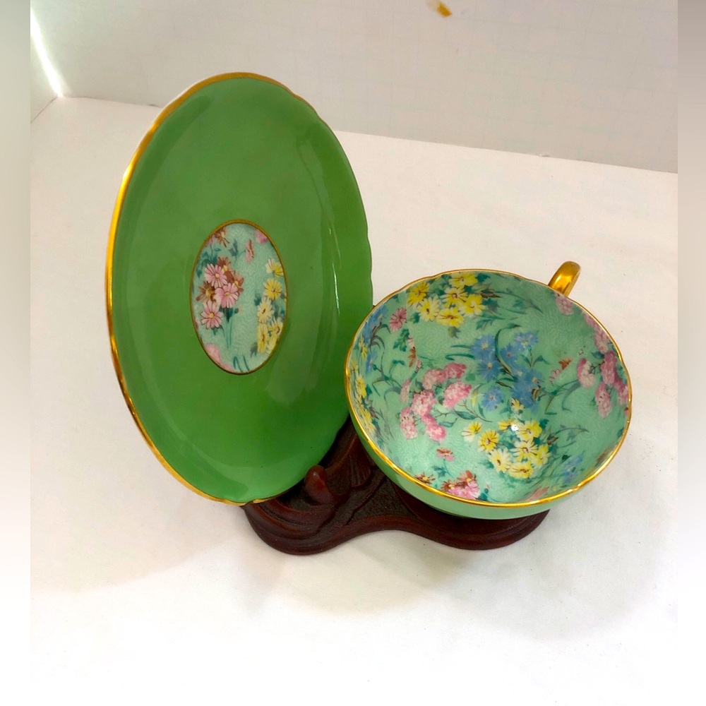 Shelley Chintz Melody Fine Bone China Green Tea Cup Saucer Gold Edge England - Picture 3 of 12